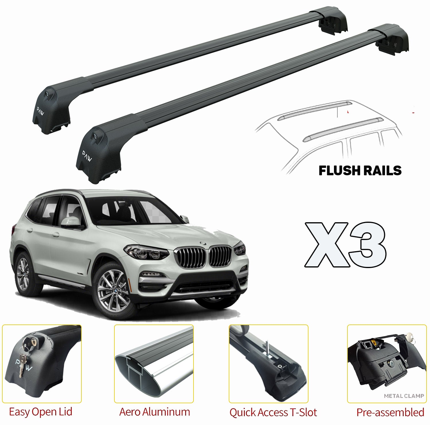Compatible for Bmw X3 G01 Roof Rack Cross Bars For of Flush Bars Black 2018- Up Compatible for Bmw X3 G01 Roof Rack Cross Bars For of Flush Bars Black 2018- Up